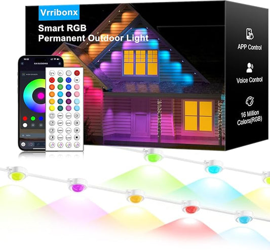 150FT Permanent Outdoor RGB Lights - IP65 Waterproof with Smart App Control Remote, DIY Scene Modes, Music Synchronization, Eaves Lights For Garden Decor, Deck, Christmas, Party, Party, Halloween,Roof