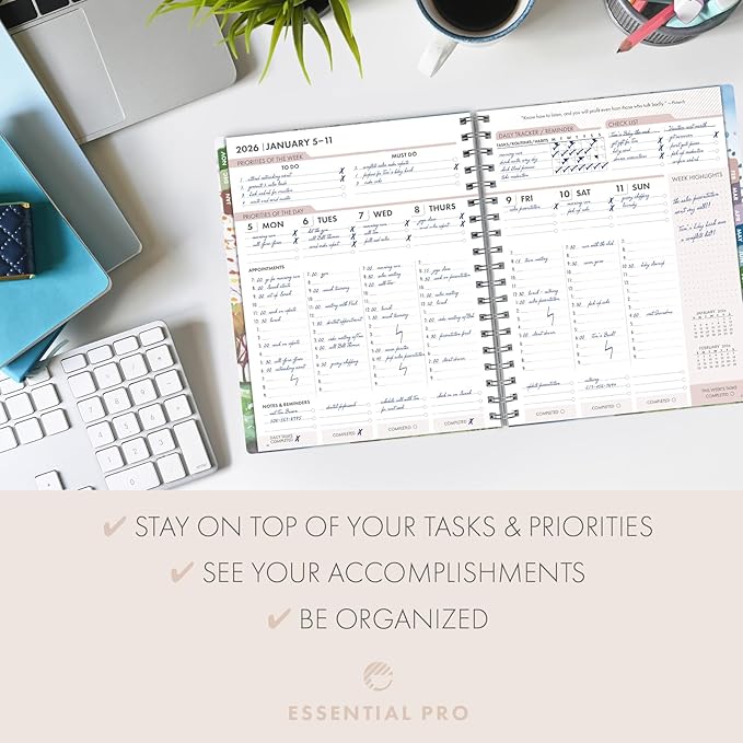 Essential PRO 2026 Daily, Weekly & Monthly Planner, 7"x9": 14 Months (Nov 2025 - Dec 2026) Monthly Tabs,Daily Tracking,Notes Pages,Storage Pocket,Bookmark w Sticky Notes (Tree Seasons)