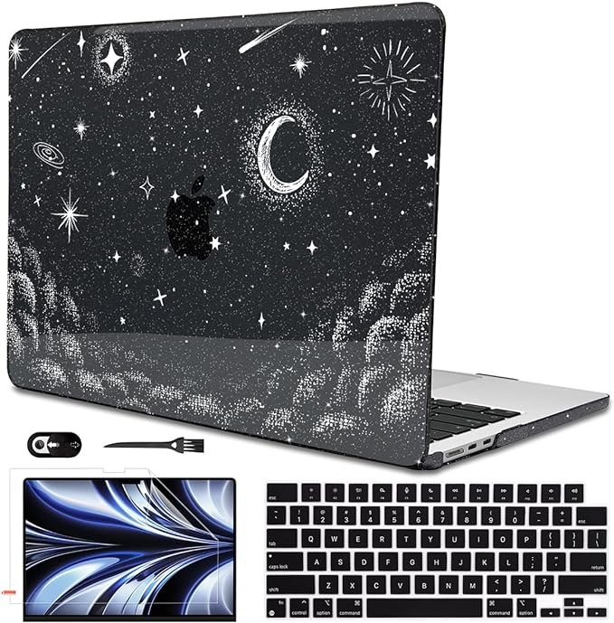 for 2022 2023 2024 2025 MacBook Air 13.6 inch Case M4 A3240 M3 A3113 M2 A2681 Cover, Glitter Black Printed Pattern Plastic Hard Shell Case Keyboard Cover for Mac Air 13.6 2025, Stars & Moon