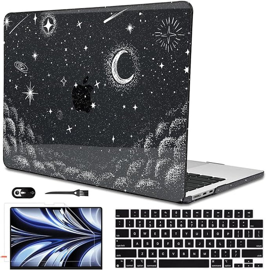for 2022 2023 2024 2025 MacBook Air 13.6 inch Case M4 A3240 M3 A3113 M2 A2681 Cover, Glitter Black Printed Pattern Plastic Hard Shell Case Keyboard Cover for Mac Air 13.6 2025, Stars & Moon