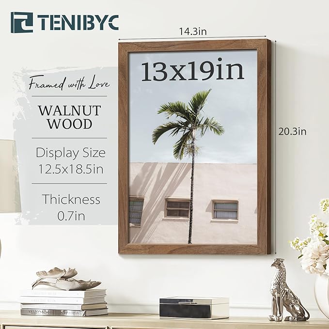 13x19 Walnut Picture Frame Set of 3 with HD Glass- Natural Brown, Solid Wood Poster Frame, Wall Hanging