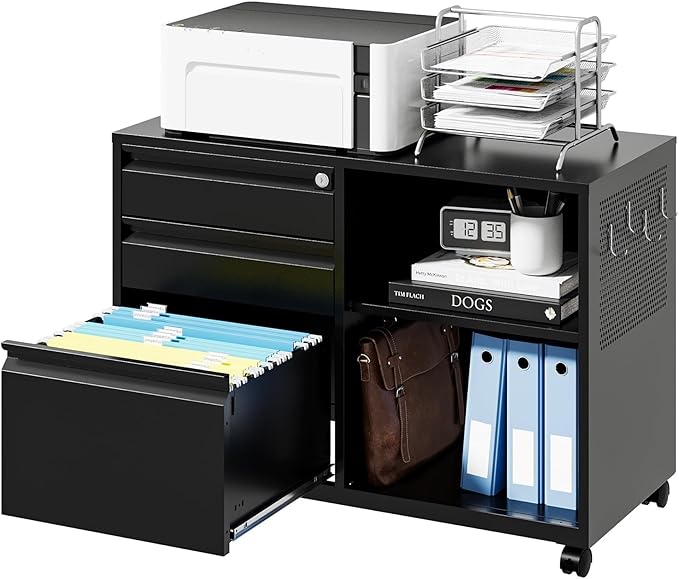 Letaya Mobile 3 Drawer File Cabinet with Lock-Metal Lateral Rolling Printer Stand Filing Cabinets for Home Office-Storage A4/F4/Letter (Black)