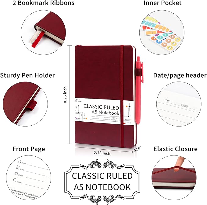 12 Pack Notebooks Journals Bulk with 12 Black Pens, Feela A5 Hardcover Notebook Classic Ruled Journal Set with Pen Holder for School Business Work Travel Writing, 120 GSM, 5.1”x8.3”, Wine