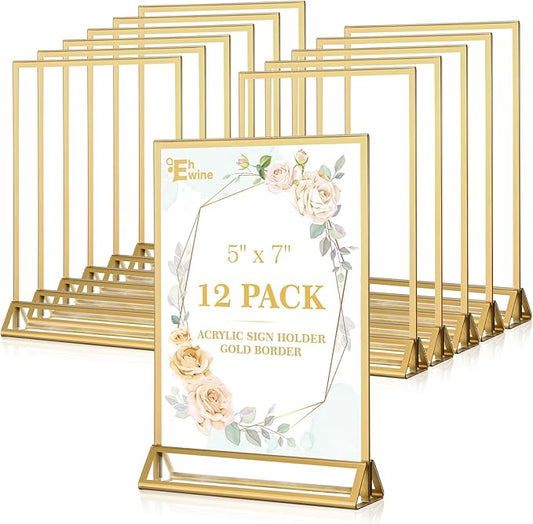 EHWINE 12 Pack Acrylic Sign Holder 5 x 7, Double Sided Gold Picture Frame Stand up Table Top Sign Holders, Clear Display Stand Menu Flyer Holder for Wedding Party (Provide Non-slip Mats)
