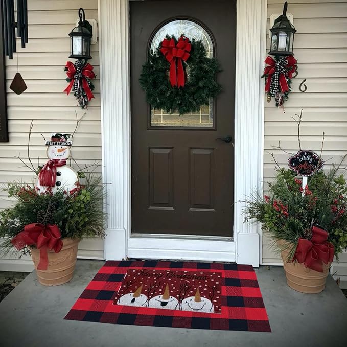 Red and Black Plaid Rug, 2'4" x 3'7" Check Outdoor Front Door Decorative Mat, Cotton Woven Rug for Layered Door Mats Washable Carpet for Porch, Entryway, Farmhouse, Christmas, Halloween