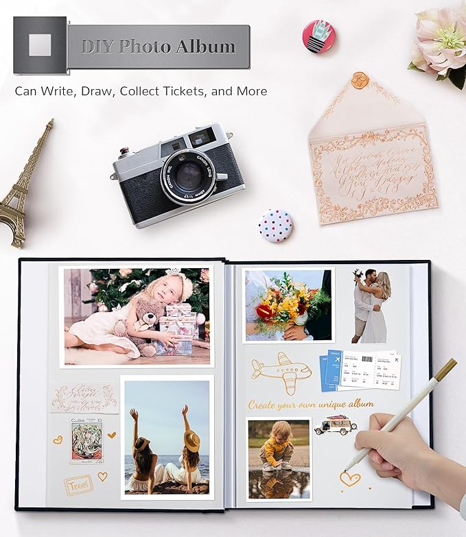 Photo Album Self Adhesive Scrapbook Album for 3x5 4x6 5x7 8x10 Pictures, 60 Pages Linen Cover with Display Window DIY Photo Book,Ideal Gifts for Family Travel Wedding Baby