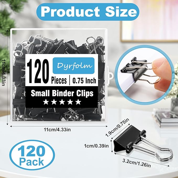 120 Pack Small Binder Clips,3/4 Inch Width Paper Clips,Black Binder Clips,Mini Binder Clips,Small Paper Clamps for Office Supplies Home and Business,Metal Binder Clips