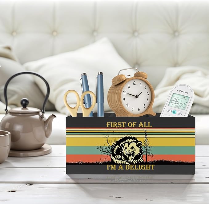 Sarcastic Angry Opossum Pencil Pen Holder for Desk, First of All I'm A Delight Wooden Pencil Holder Organizer for Home Office Desk Accessories, Funny Office Gifts for Women Men