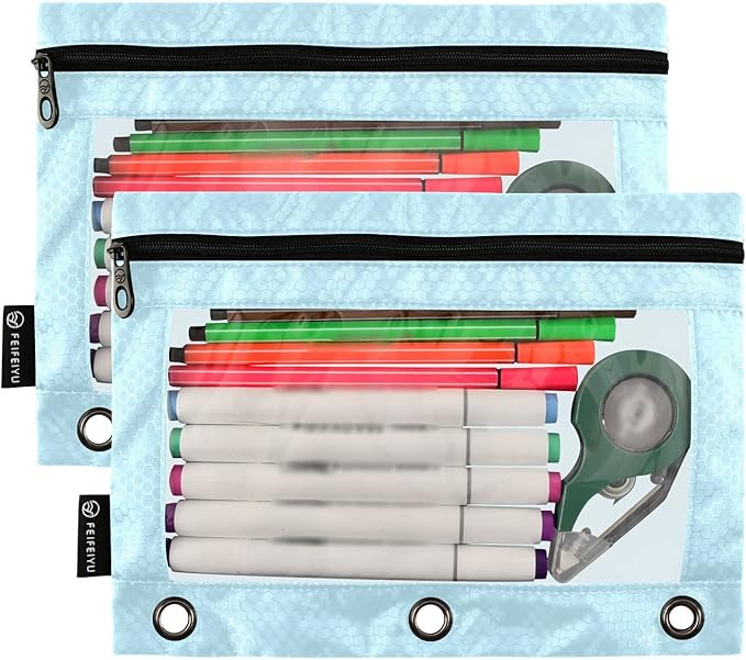 Gredecor Binder Pencil Pouch 3 Ring Light Blue Zipper Pencil Pouches Case 2 Pack Clear Binder Organizer for School Office