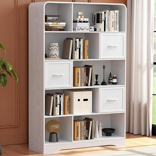 70" Tall Book Shelf and Bookcase, Tall Bookshelf with Storage, 48" Wide Modern Bookcase with Adjustable 3 Bins Storage, Large Bookshelf Wood 13" Deep Display Shelves for Living Room, Home Office,White