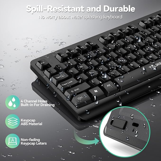 TECKNET Wireless Keyboard and Mouse Combo, Full Size Silent Ergonomic Keyboard and Mouse, Long Battery Life, Optical Mouse, Spill-Resistant, 2.4G Lag-Free Cordless Mice Keyboard for PC,Laptop,Computer