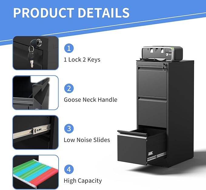 3 Drawer File Cabinet with Lock, Vertical File Cabinet with Lock, Locking File Cabinet Hanging Files for A4/ Legal/Letter, Require Assembly, Black