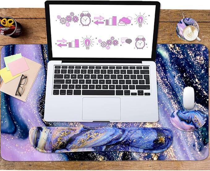 4-in-1 Large Gaming Mouse Pad and Keyboard Wrist Rest, Desk Pad for Keyboard and Mouse, Non-Slip Desk Mat for Home Office Study Game-Purple Marble