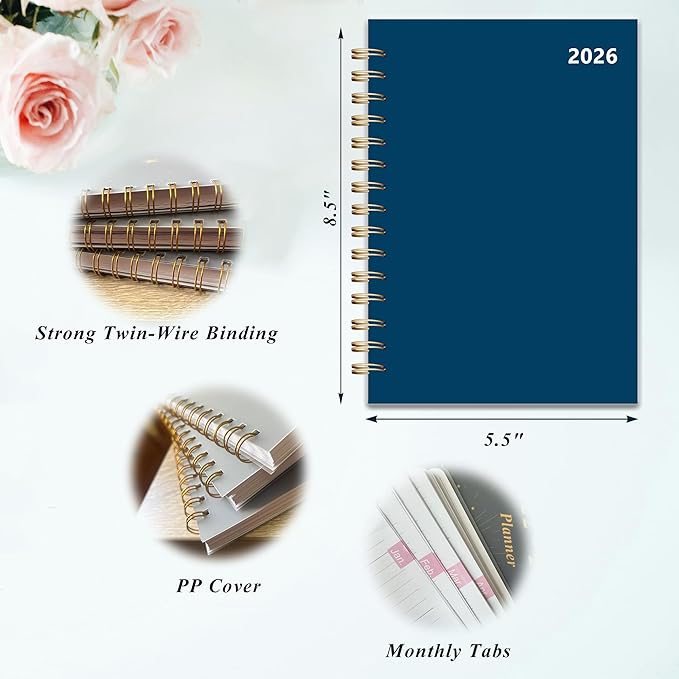 Planner 2026 January to December, 5.5" x 8.5" Daily Weekly and Monthly Calendar Planner for Productivity, Goal Setting & Time Management, Organizer for Work, School & Life - Blue Hard Cover