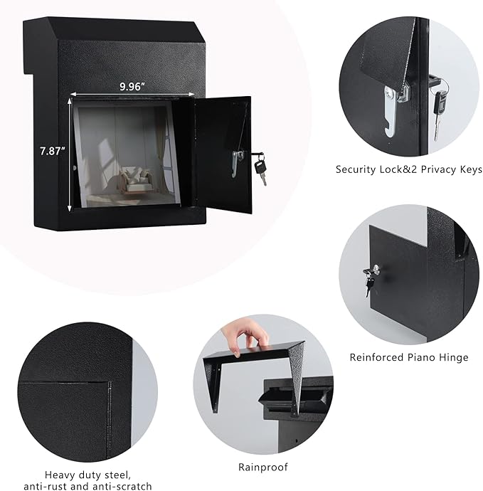 xydled Heavy Duty Mail Box with Key Lock, 15''x12''x6'', Locking Metal Mailbox Door Mounted, Through The Door Safe Locking Drop Box, Black