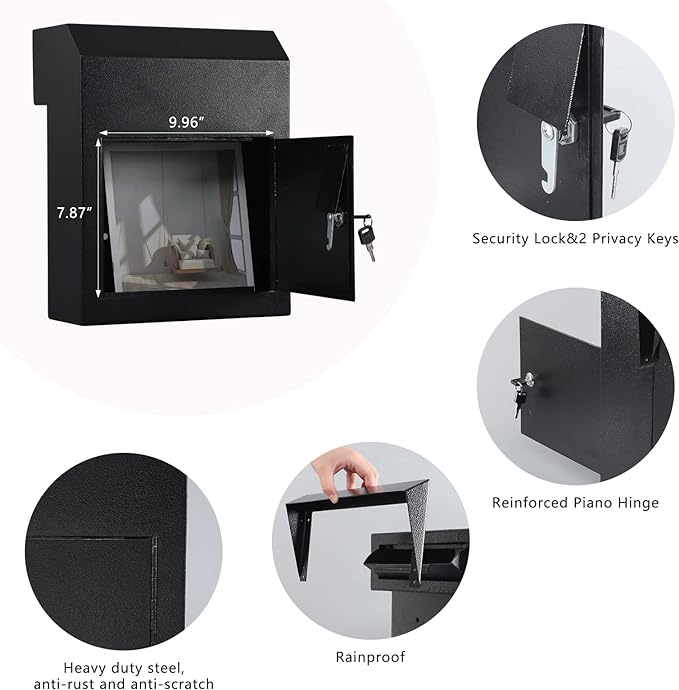 xydled Heavy Duty Mail Box with Key Lock, 15''x12''x6'', Locking Metal Mailbox Door Mounted, Through The Door Safe Locking Drop Box, Black