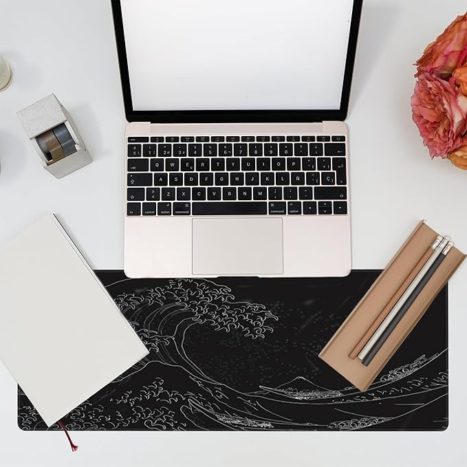 Desk Mat,Black Japanese Sea Wave Desk Pad,Japanese Sea Wave Large Gaming Mouse Pad for Desk,Extended Big Computer Keyboard Mouse Pad with Non-Slip Base and Stitched Edge,31.5"x11.8"