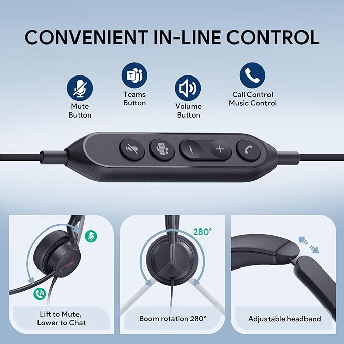 Yealink UH44 Teams Certified USB Wired Headset with 2 Noise Cancelling Mics,Stereo Sound for PC,Laptop,Teams,Zoom,Call Center,Home Office,Inline Controls,Comfort Ear Cushions,USB-C/A,Busylight