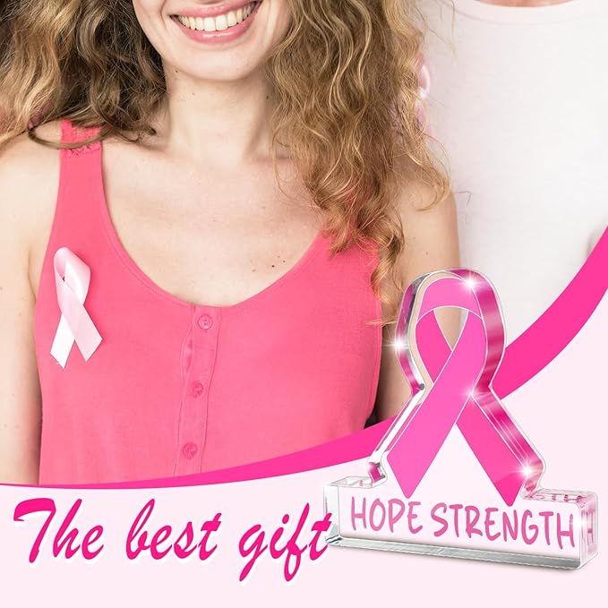 Pink Ribbon Breast Cancer Awareness Sign - 4x4 Inch "HOPE STRENGTH" Acrylic Desk Decor, Survivor Support Gift for Chemo Rooms, Offices, and Healing Spaces