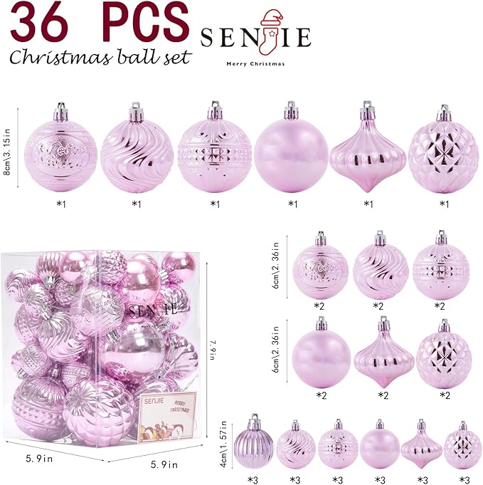 Christmas Ornaments Set with 36pcs Shatterproof Christmas Tree Decorations Multi-Size Christmas Ball Ornaments with 7 Styles Pink