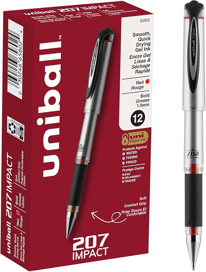 uniball 207 Impact Gel Pen, Stick, Bold 1 Mm, Red Ink, Black Barrel