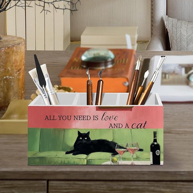 Funny Black Cat Cocktail Pen Pencil Holder Organizer for Desk Accessories, Trendy Whimsical Kitten Martini Wooden Box Sign Desk Decor for Office Decoration, Black Cat Gifts