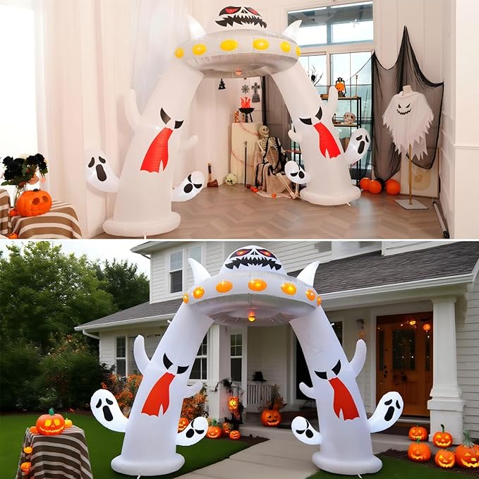 11FT Wide Halloween Inflatable Archway, 2025 Giant Inflatable Arch with Ghosts, Red Flame Light & Flashing Lights & LED Lights Outdoor Halloween Decor for Yard Garden Lawn Holiday Party