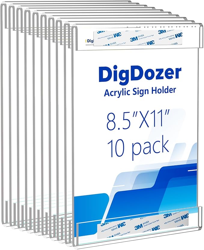 10 Pcs Acrylic Sign Holder 8.5 x 11, Vertical Wall Mount Sign Holders with Adhesive, Clear Plastic Frames Paper Display Sign Holders for Office, Home, Store, Restaurant - No Drilling