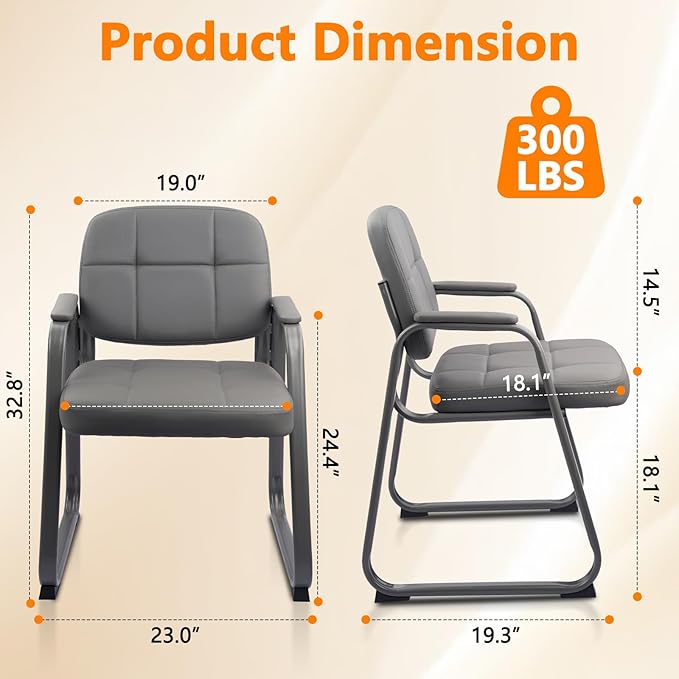 CLATINA Waiting Room Guest Chair with Bonded Leather Padded Arm Rest for Office Reception and Conference Desk Black with Sled Base Grey 4 Pack