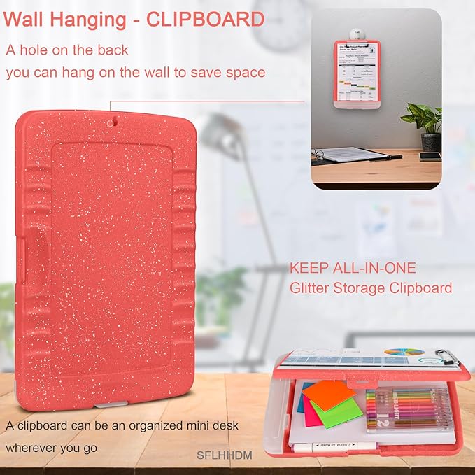 Glitter Clipboard with Storage,Storage Clipboard with Pen Holder,A4 Binder Clip Boards 8.5x11 with Low Profile Clip,Side Opening Sparkle Clipboards,Clipboards Folder for Office Supplies-Grapefruit Red