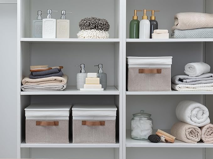 StorageWorks Large Storage Bins with Lids, Decorative Storage Boxes with Lid and PU Handles, Foldable Storage Baskets for Closet, Shelves, Stackable, Brown and White, 3-Pack