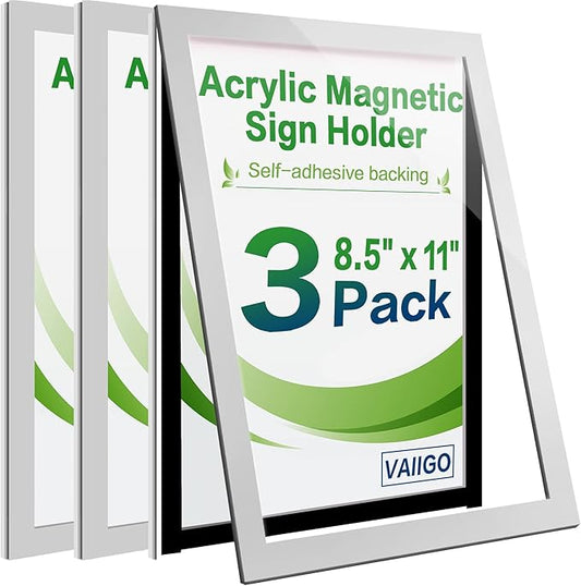 Acrylic Sign Holder 8.5" x 11" Wall Mount, Self Adhesive Magnetic Display Frame with Nano Tape, Plastic Clear Document Frame for Office, Store, School, Home, Wall Picture Frame (Silver, 3Pack)