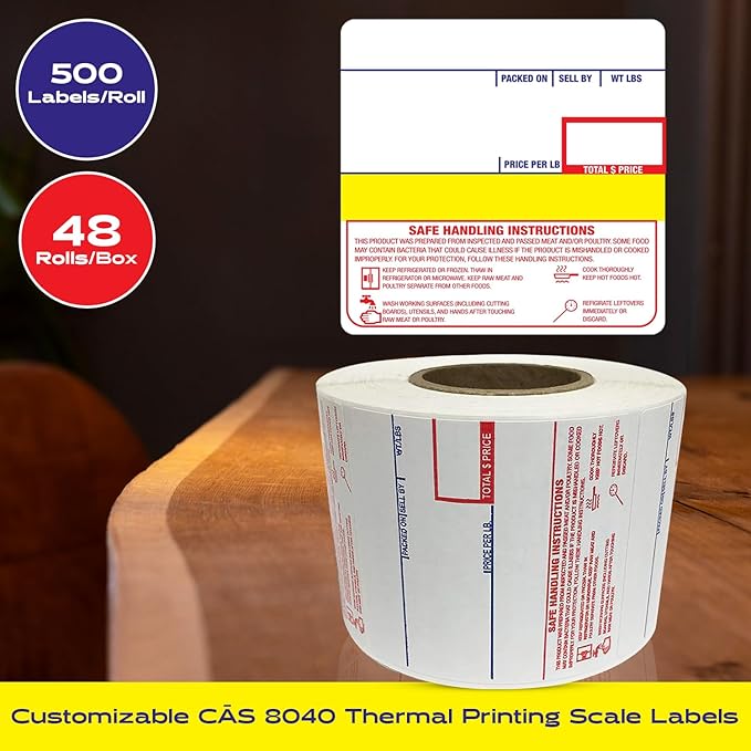 CEPRICO - Customizable CĀS Scale Labels - 48 Rolls of Thermal Printing Scale Labels – Compatible with CĀS LST-8040 | Safe Handling Instruction | Ideal for Supermarkets, Retailers and Grocery Stores