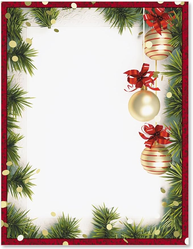 PaperDirect Ornament Trio Holiday Border Paper, Pine Boughs with Hanging Ornaments and Red Ribbons on Right Side, 8.5 x 11, Acid-Free, Ideal for Holiday Invitations, Cards, 50 Sheets