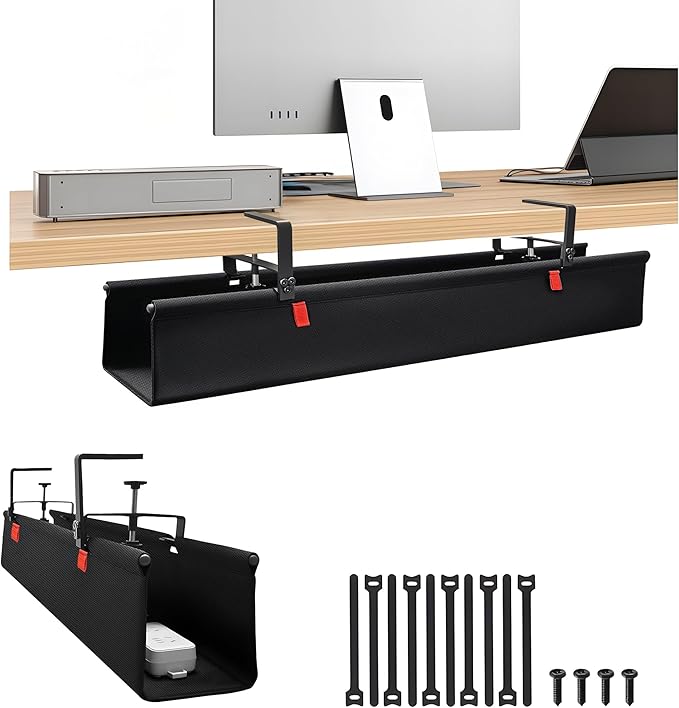 No Drill Cable Management Under Desk, 36" Cord Organizer for Table, Clamp/Screw Mount Cable Tray, Premium Black Fabric Desk Cord Management Tray for Office, Home (Large (36 Inch))