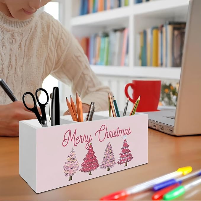Pink Merry Christmas Tree Pen Pencil Holder Organizer for Desk Accessories, Pink Pencil Holder, Preppy Girly Xmas Wooden Box Signs Decorations for Home Office Desk Tabletop