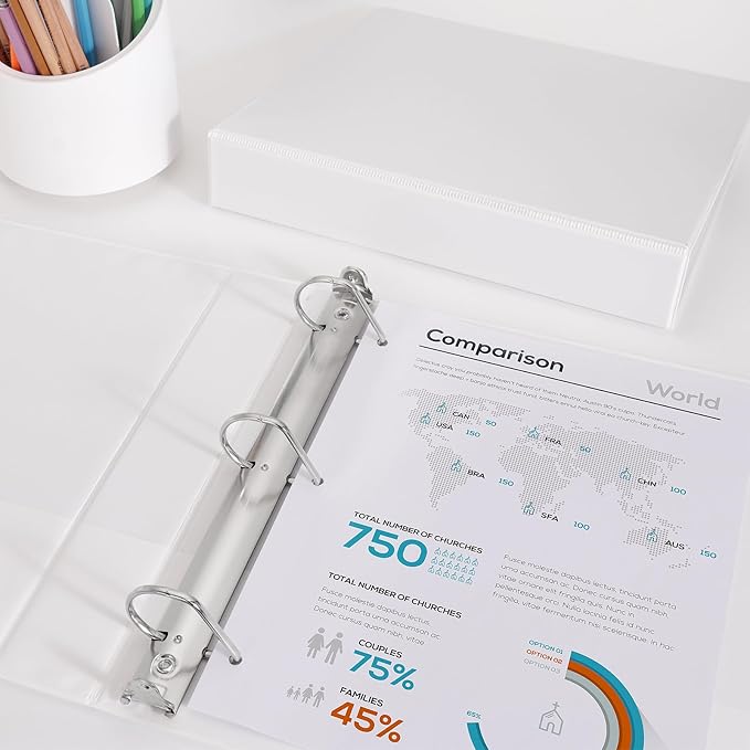 Comix Sturdy 2 Inch D-Ring Binders, 2'' 3 Ring Binder with Clear View Cover, Holds 500 Sheets of 8.5" x 11" Paper, 6 Pack (White)
