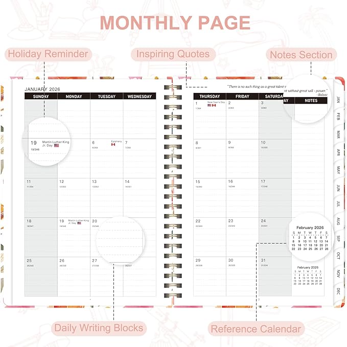 2026 Planner, Weekly and Monthly Calendar Book Planner, Agenda 2026 from January to December, Academic Planning for School, Offices Supplies, Painted Flowers