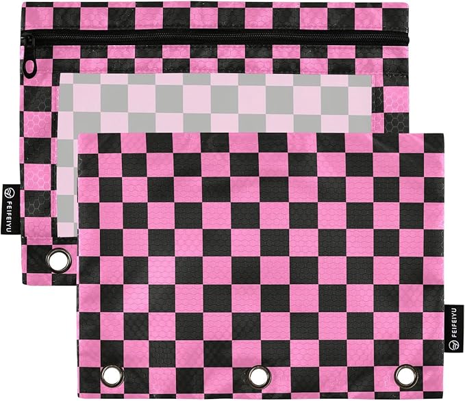 Checkerboard Pink Black Squares Pencil Pouch for 3 Ring Binder, 2 Pack Waterproof Pencil Bags Clear Window Zipper School Office Supplies