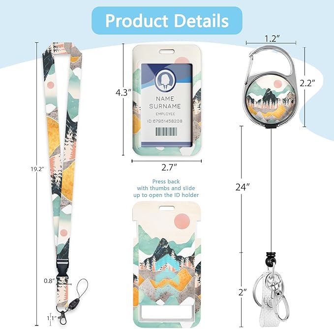 Gctriki ID Badge Holder with Lanyard, Sunrise Mountain Lanyard for Keys, Mountain Sunset Retractable Badge Reel Clip, Teacher Lanyards for ID Badges Holder, Nurse Teacher Workers Women Office Gifts