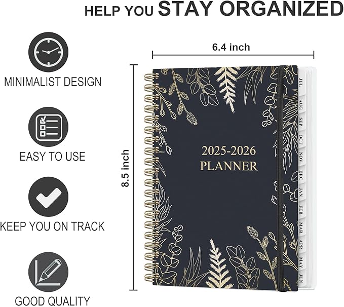 Planner 2025-2026 - Weekly & Monthly Planner from July 2025 to June 2026, Agenda 2025 2026 with Inner Pocket, Elastic Band, 6.4" x 8.5", White Glod Leaf
