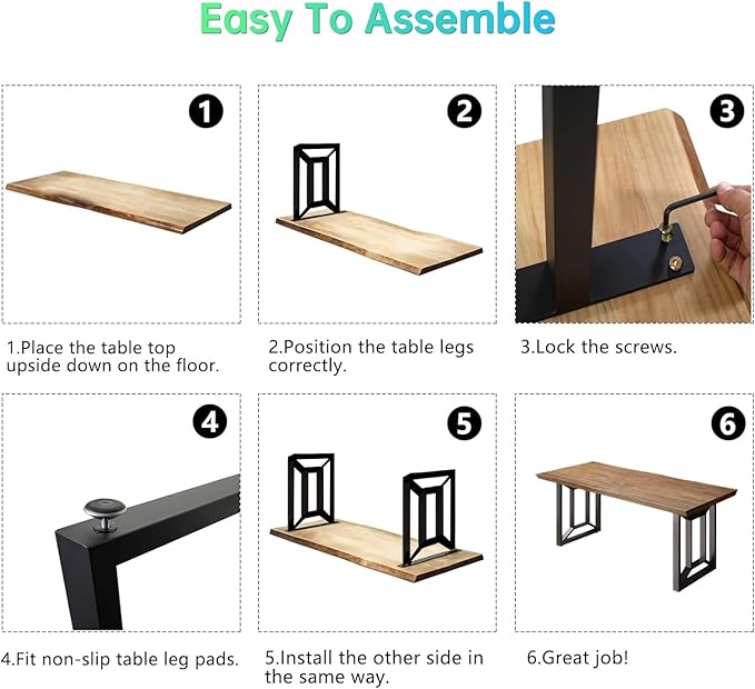 Solid Wood Computer Desk Study Office Desk 55" Writing, Modern Simple Style PC Table, Black Metal Frame, Solid Wood Planks 55" D x 27" W x 29" H for Home Office Bedroom,Rustic Brown