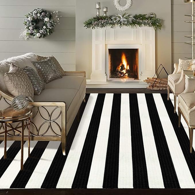 Black and White Striped Rug 5' 7" x 7' 7" Washable Large Patio Rug Cotton Hand Woven Indoor Outdoor Rug for Porch Backyard Dining Room Entryway Halloween Autumn Decorations