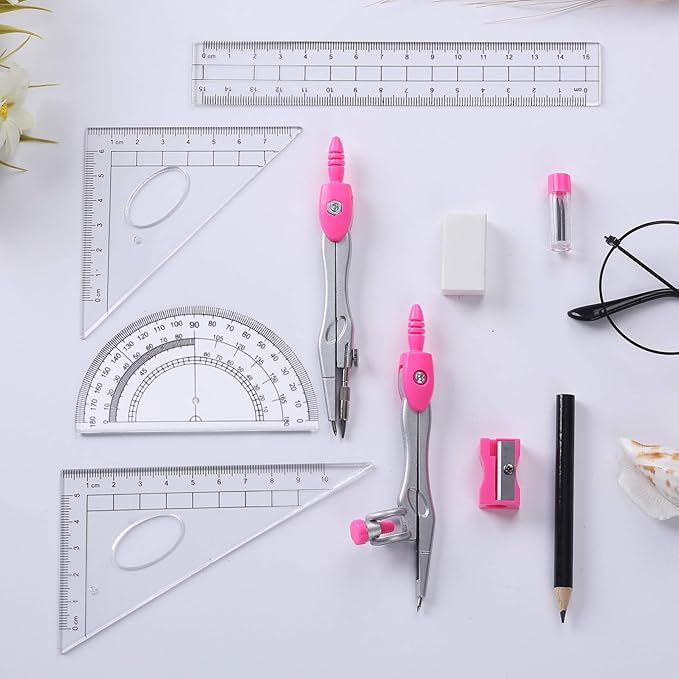 Math Geometry Kit Sets 10 Piece Student Supplies with Shatterproof Storage Box,Includes Rulers,Protractor,Compass,Eraser,Pencil Sharpener,Lead Refills,Pencil,for Drafting(Pink）