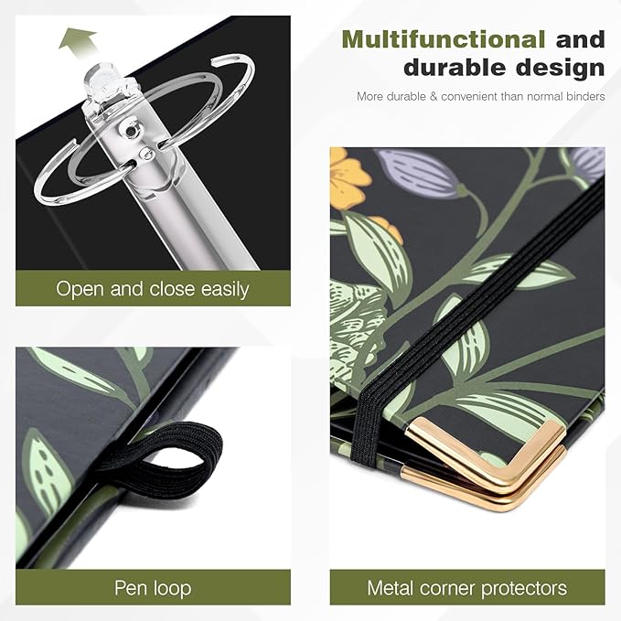 Ospelelf 3 Ring Binder for Letter Size Documents with 5 Tab Dividers, 3 Inch Ring, 4.4 Inch Spine, Black Floral Binder with Clip for School and Office Supplies, Moonlit Blossoms