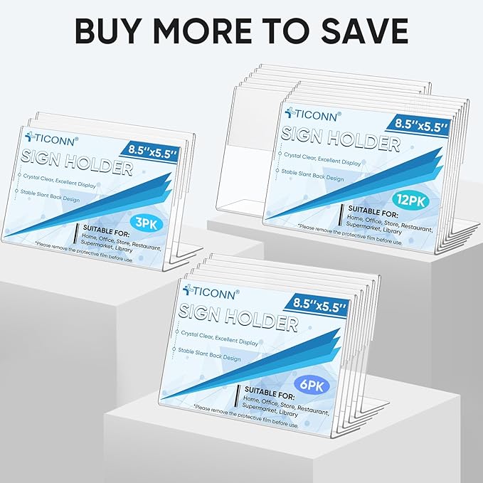 TICONN 8.5 x 5.5 Acrylic Sign Holder, L Shape Clear Sign Stand for Displaying, Plastic Paper Holder for Office, Store, Restaurant (Horizontal 3 Pack)