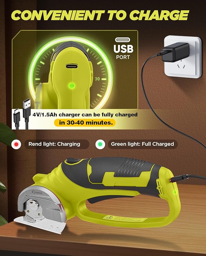 Saker Electric Box Cardboard Cutter,Cordless Elwetric Scissors for Fabric Leather Paper Plastic - Card Board Cutter Tool with 4V Recharged Battery - Safety Lock and LED Light for Cutting,Green