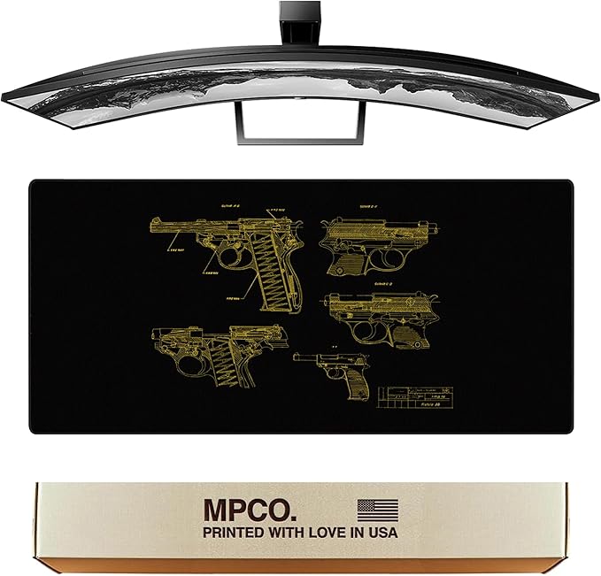MPCO. Blueprints Large Gaming Desk Pad - 36" x 17" Duraglyde Fabric Pistol 38 – Black/Yellow Desk Mats - Non-Slip, Washable, Smooth Glide for Precision Gaming & Work