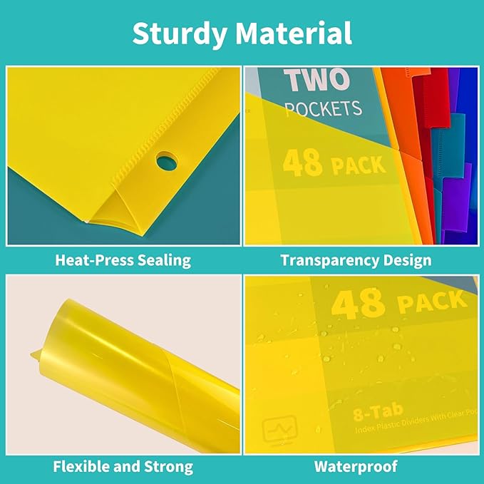 Binditek 48 Pack Plastic 8-Tab Binder Dividers with 2 Pockets, Tab Insertable Poly Pocket Dividers for 3 Ring Binders, Letter Size, Multicolor, Writable Label Cards, for Students and Coworkers, 6 Set