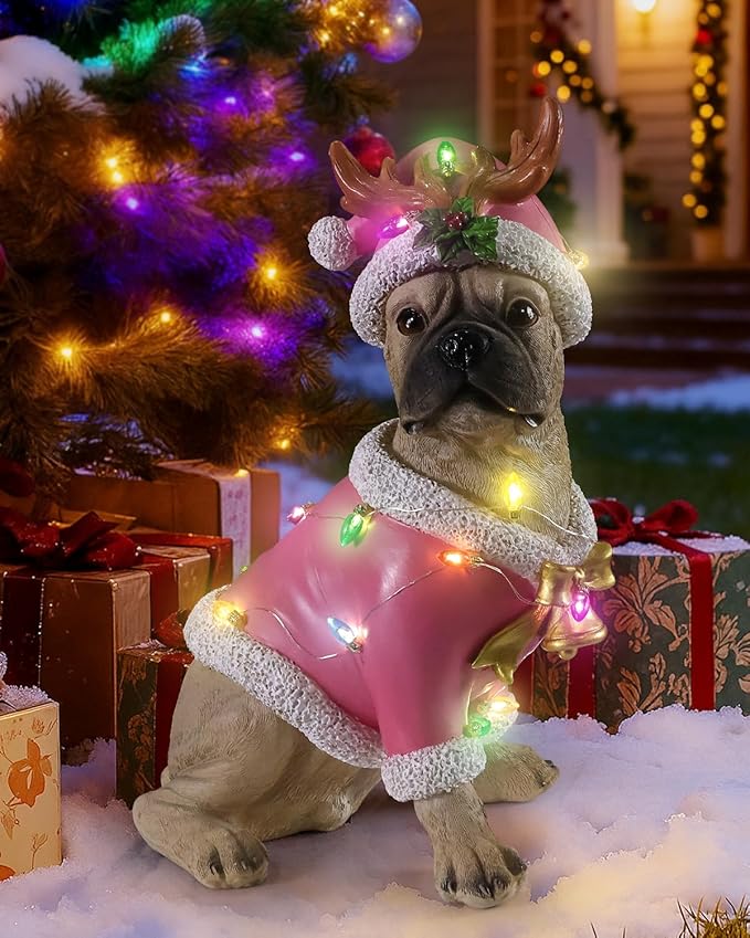 Christmas Outdoor Decoration Dog Statue, LED Light Cute English Bulldog Sculpture with Pink Santa Outfit & Lights for Garden and Yard, Indoor Holiday Décor Gift for mom and dad